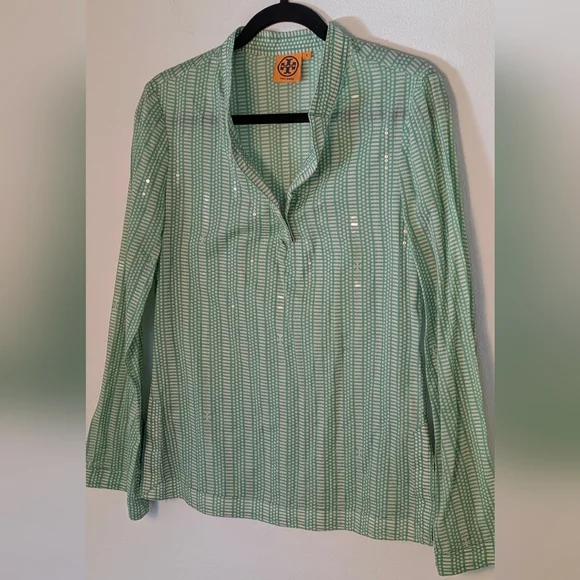 TORY BURCH Stephanie Green Sequin V-Neck Long Sleeve Cotton Tunic Blouse Size 6 - Picture 3 of 14